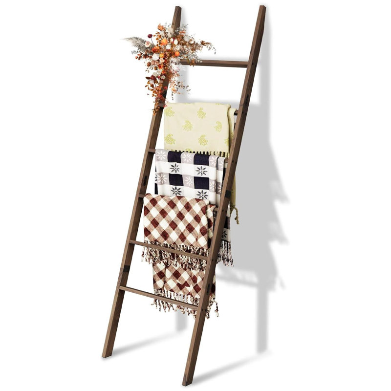 Latitude Run Acacia Wood 6 Tier Blanket Ladder 5.7FT 66.5 Blanket Quilt Towel Holder Rack Decorative Ladder Wooden Easy Assembly Rustic Farmhou